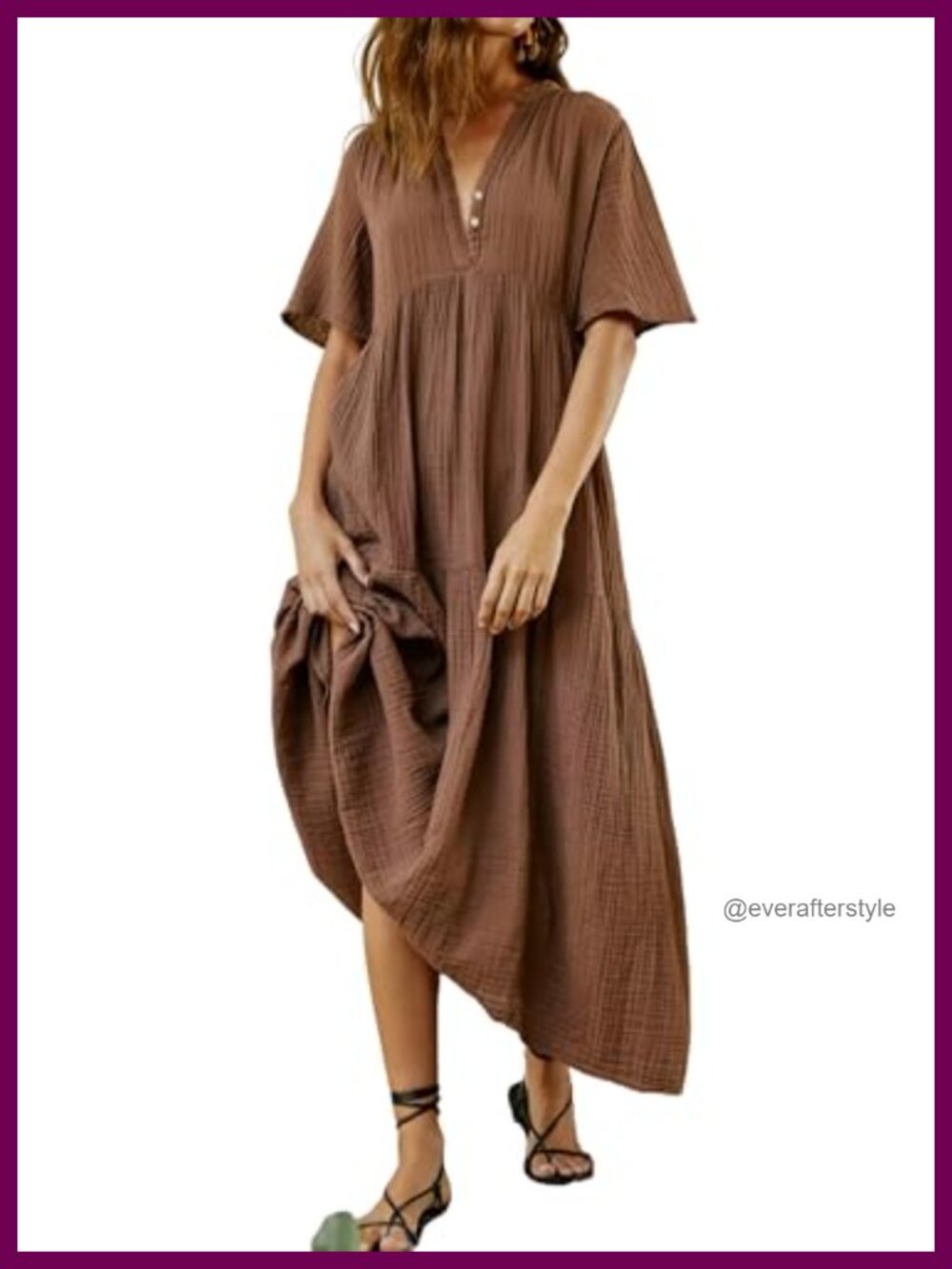 Womens Cotton Maxi Dress Short Sleeve V-Neck Flowy Tiered Summer